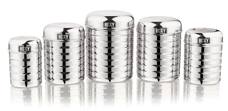 Boxy BOXY Stainless Steel Ringed Deep Canister Storage box Dabba for Kitchen with Airtight Capsule Lid (Set Of 5) (Silver) 2000 ml  - Image 1