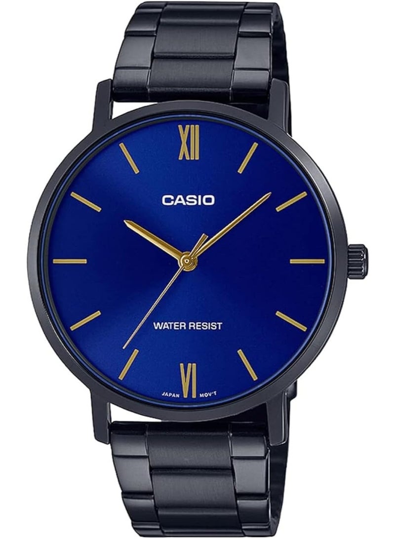 CASIO Men's Minimalistic Black IP Stainless Steel Blue Dial 3-Hand Analog Watch