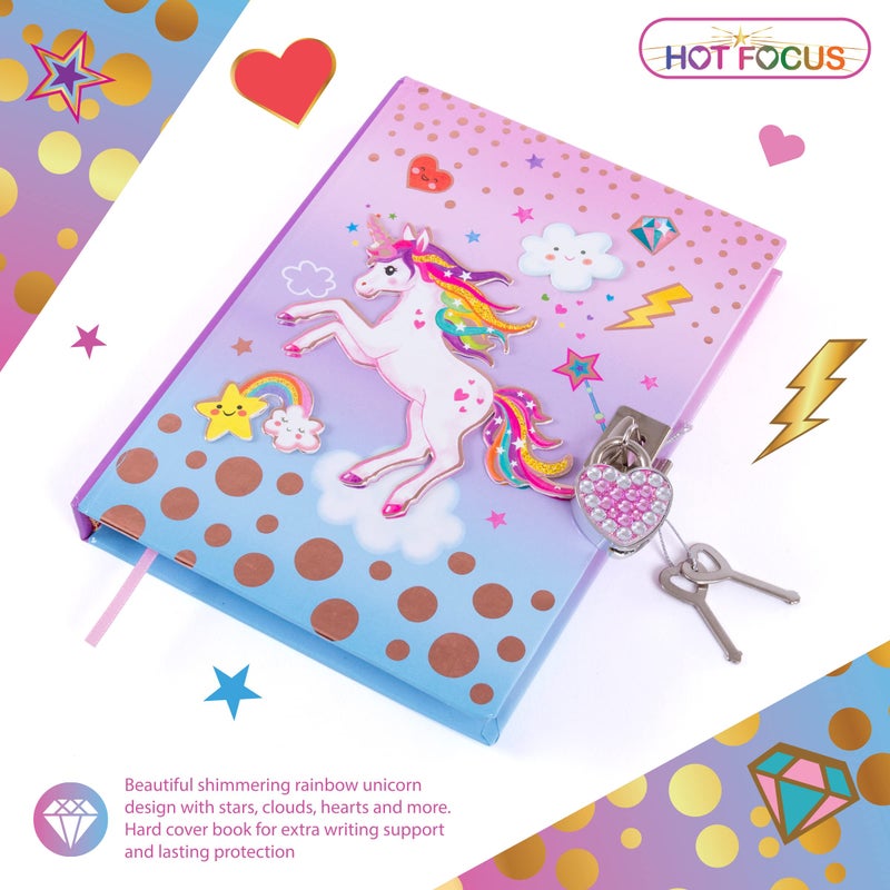 Hot Focus Unicorn Secret Diary with Lock â€“ 7â€ Journal Notebook with 300 Double Sided Lined Pages, Padlock and Two Keys for Kids - Image 3