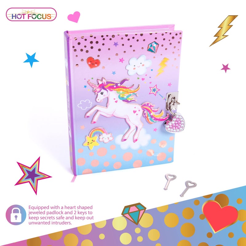 Hot Focus Unicorn Secret Diary with Lock â€“ 7â€ Journal Notebook with 300 Double Sided Lined Pages, Padlock and Two Keys for Kids - Image 2