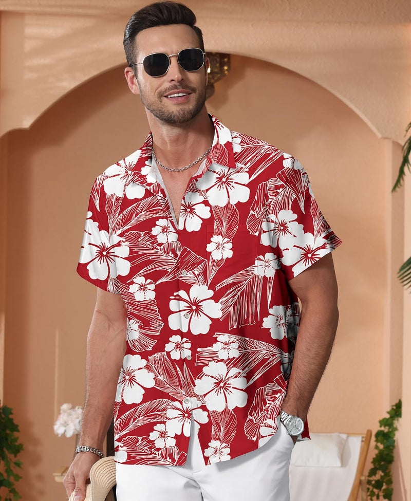 KYKU Hawaiian Button Shirt Men Summer Short Sleeve Beach Clothing Flower Red M - Image 2