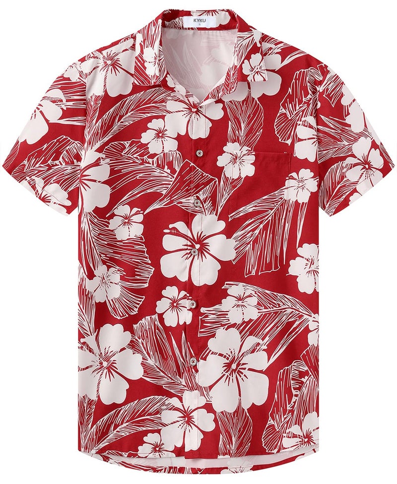 KYKU Hawaiian Button Shirt Men Summer Short Sleeve Beach Clothing Flower Red M - Image 3