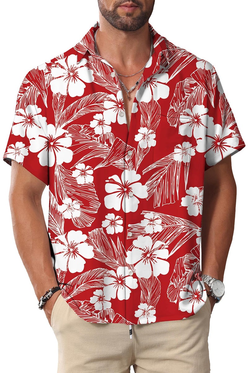 KYKU Hawaiian Button Shirt Men Summer Short Sleeve Beach Clothing Flower Red M - Image 1