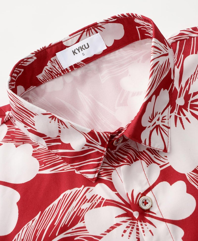 KYKU Hawaiian Button Shirt Men Summer Short Sleeve Beach Clothing Flower Red M - Image 5