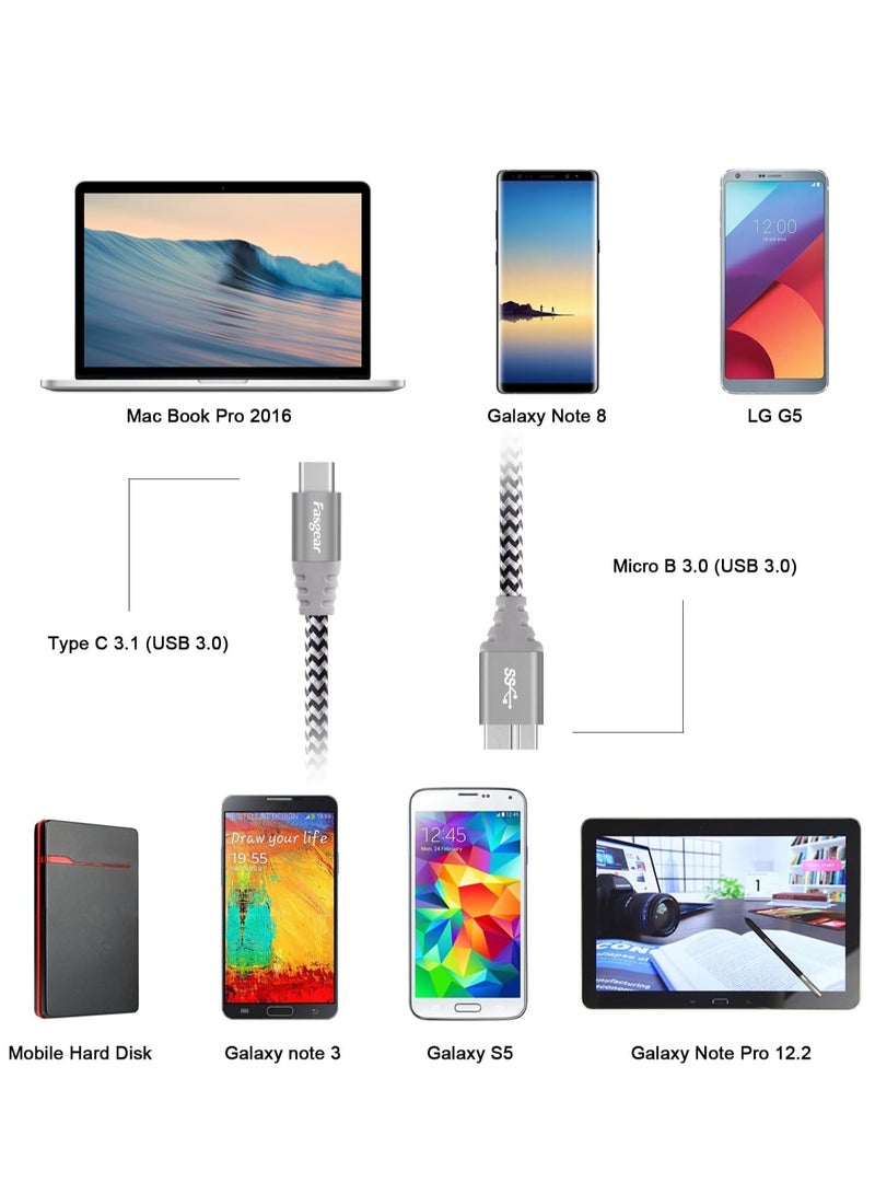 فاسجير كابل USB C إلى Micro B بطول 0.3 متر من Fasgear، قطعة واحدة، موصل معدني مضفر من النايلون، كابل Type C إلى Micro 3.0، شحن سريع 5 جيجابت في الثانية، متوافق مع Toshiba Canvio وGalaxy S5 Note 3 والمزيد (رمادي) - Image 2