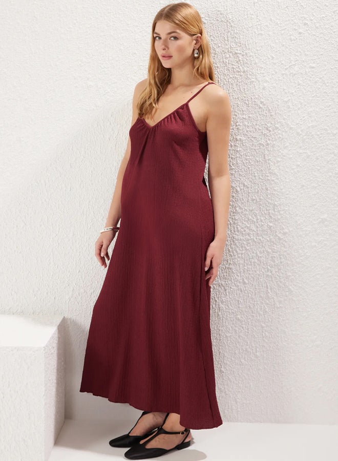 trendyol Claret Red Plain Maxi Textured A-line Flexible Knit Dress - Image 2