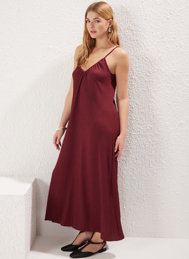 trendyol Claret Red Plain Maxi Textured A-line Flexible Knit Dress - Image 1