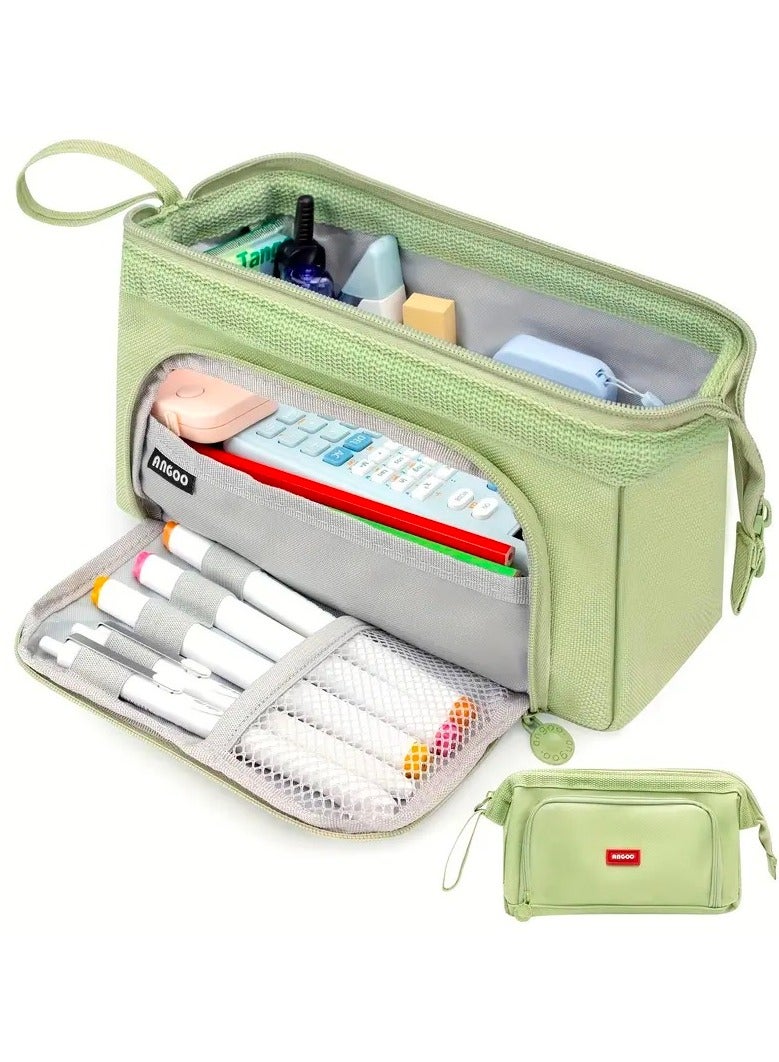 ANGOO High Capacity Pencil Case, Organizer Bag for Markers and Cosmetic, Cute Pencil Pouch For Girls, Boys and Students, Office Supplies, Portable Daily Supplies with Easy Grip Handle, Gift for Kids and Adults, Green - Image 1