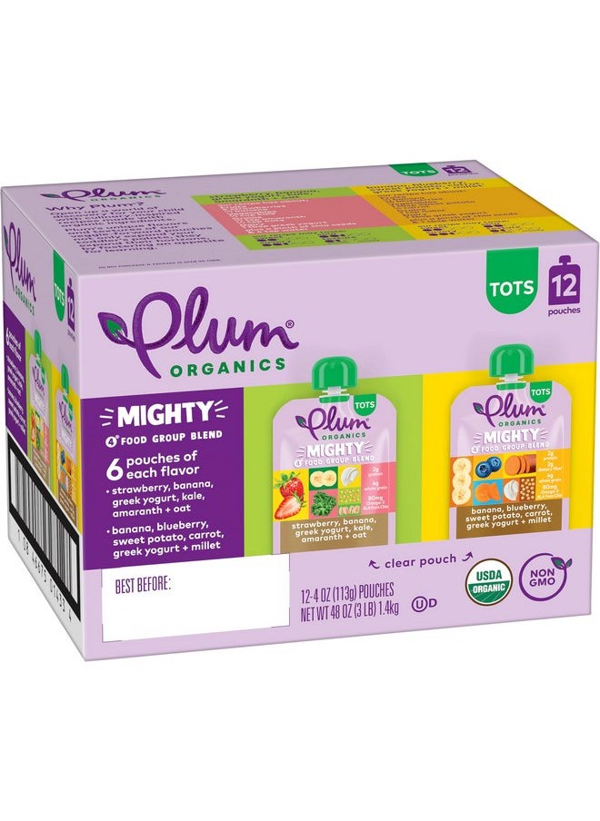 بلام أورجانيكس طعام عضوي للأطفال الصغار من Plum Organics Mighty 4 - عبوة متنوعة - كيس 4 أونصة (عبوة من 12 كيسًا) - كيس طعام للأطفال الصغار من الفواكه والخضروات العضوية  - Image 1