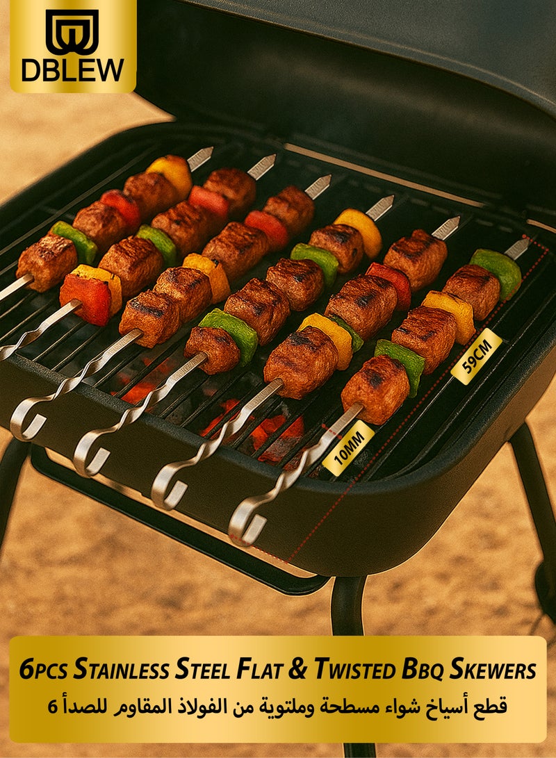 DBLEW طقم 6 قطع من أسياخ الشواء المصنوعة من الفولاذ المقاوم للصدأ – أسياخ كباب مسطحة ومجعدة قابلة لإعادة الاستخدام مع مقبض معزول حرارياً وحلقة للتعليق – أسياخ للشواء الثقيل للحوم والخضروات للشواء، التخييم، النزهات والحفلات – بطول 59 سم × سمك 10 مم - Image 2