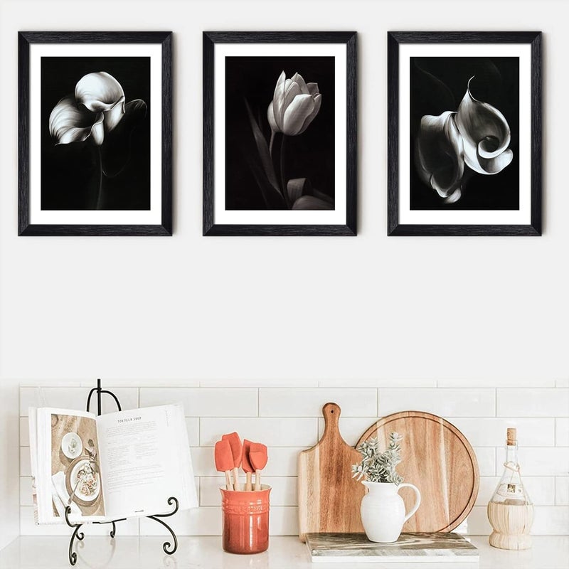 LIYAOLI Black and White Framed Wall Art for Living room 3 Panels 12 x 16 Inch White Flower Pictures Black Wall Decor Bedroom Wall Decor Above Bed Botanical Wall Art Framed Office Decor - Image 1