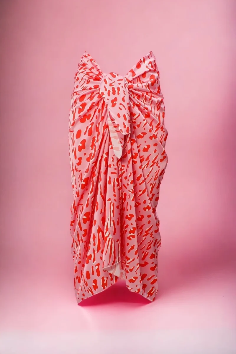 Pistore Pink Red Geometric Patterned Long Pareo Satin Women's Beach Dress New Season