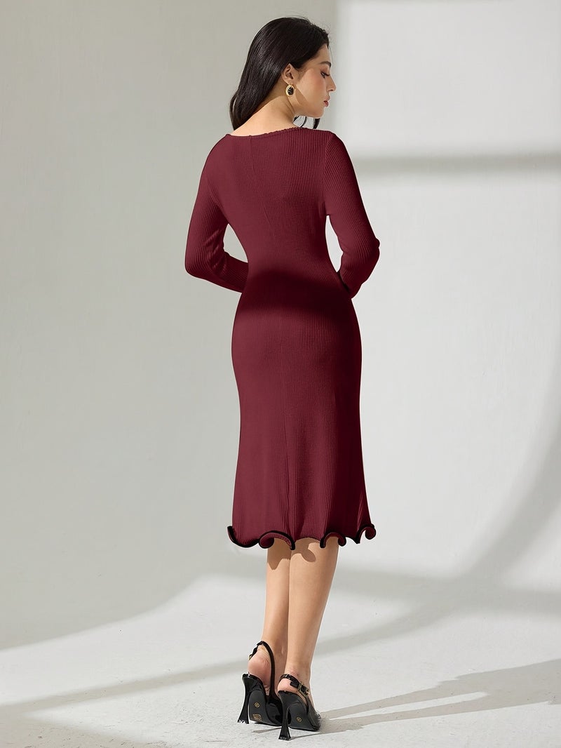 Women's Autumn\u002FWinter Solid Color Round Neck Ruffle Ribbed Long Sleeve Slim Fit Dress - Image 2