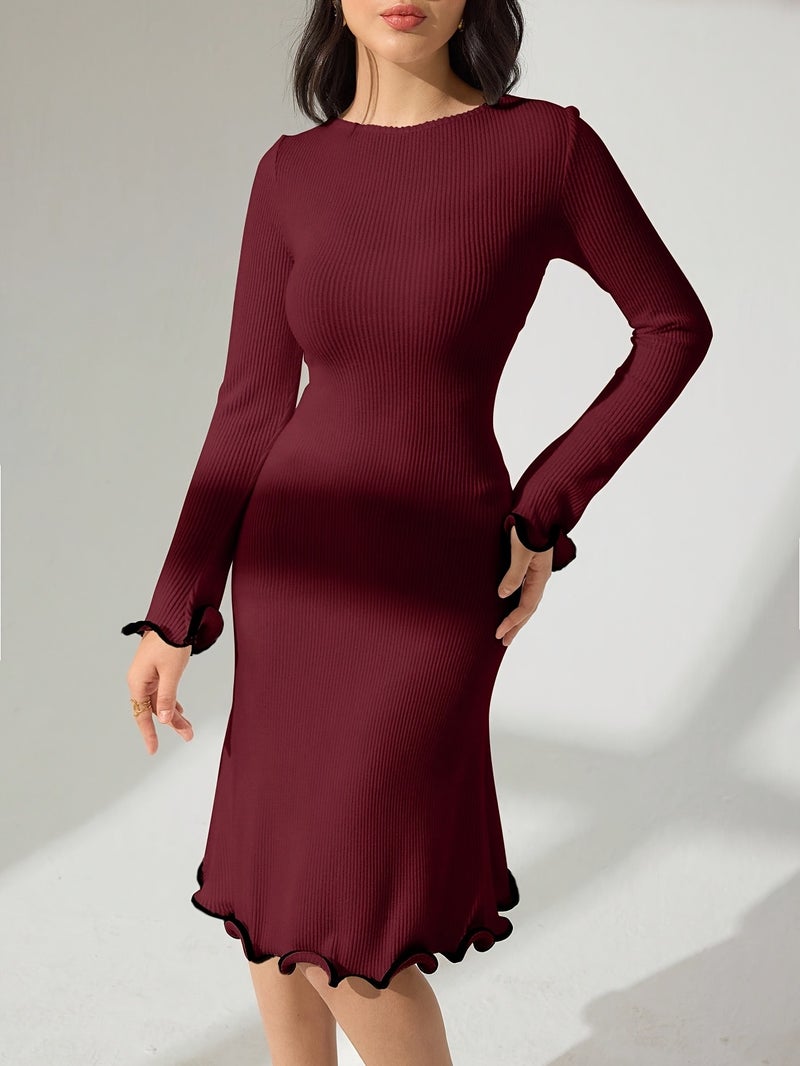 Women's Autumn\u002FWinter Solid Color Round Neck Ruffle Ribbed Long Sleeve Slim Fit Dress - Image 4