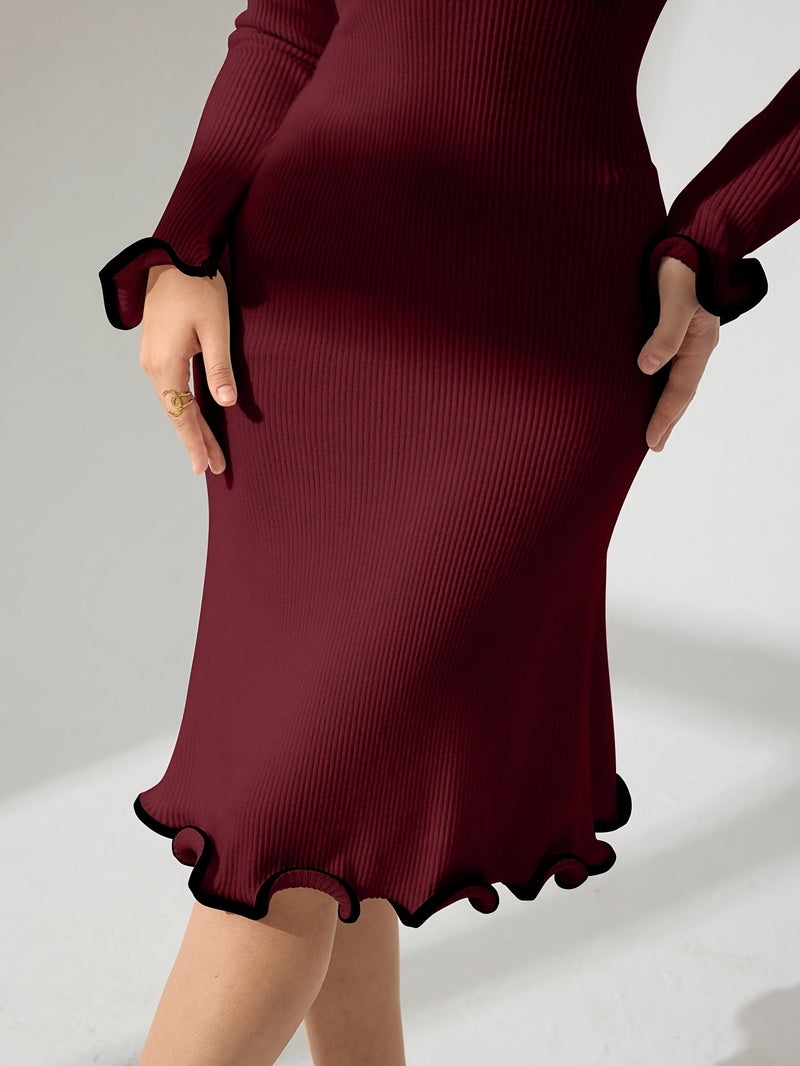 Women's Autumn\u002FWinter Solid Color Round Neck Ruffle Ribbed Long Sleeve Slim Fit Dress - Image 3