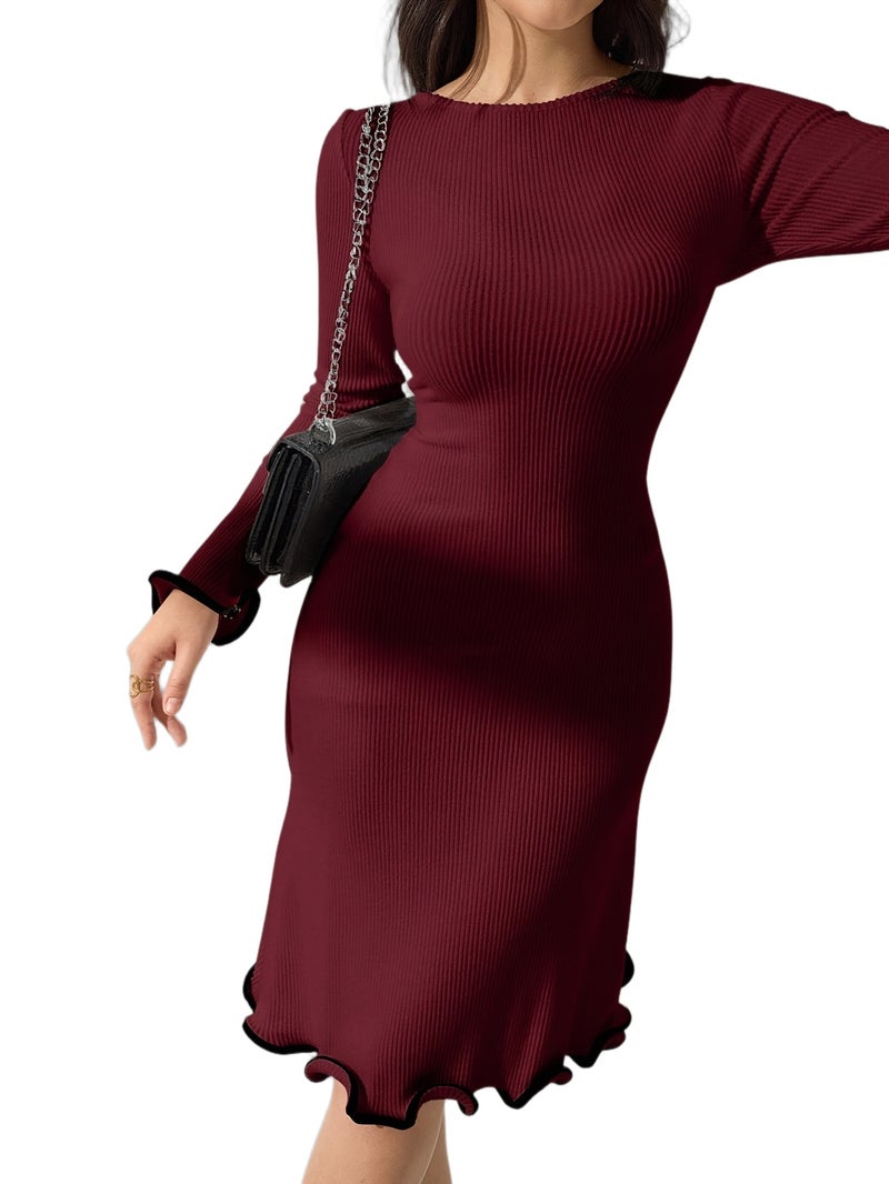 Women's Autumn\u002FWinter Solid Color Round Neck Ruffle Ribbed Long Sleeve Slim Fit Dress - Image 1