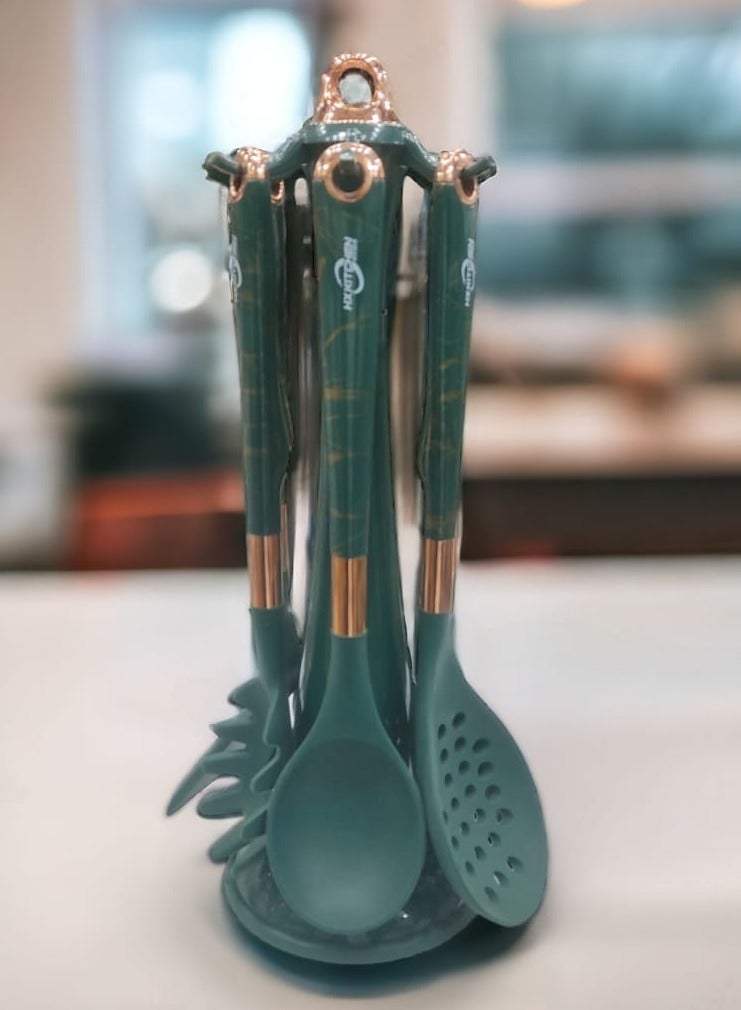 6 Pieces Set Of Silicone Distribution With High-Quality Plastic Handle + 1 Holder - Dark Green  - Image 1