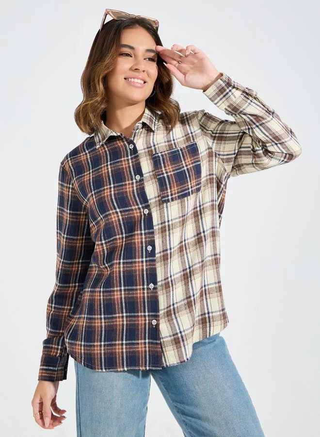 Styli Contrast Checked Print Oversized Shirt