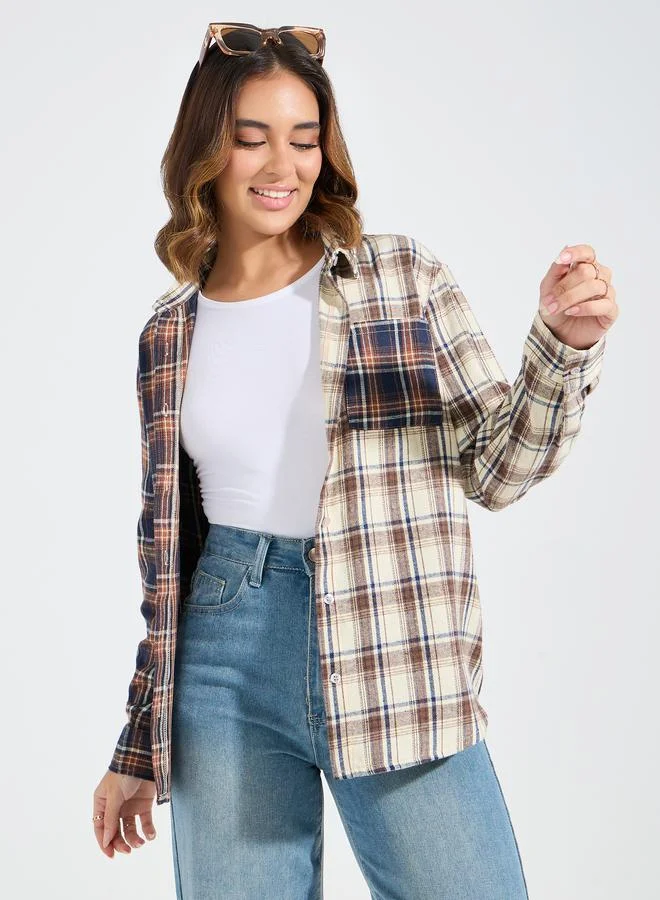 Styli Contrast Checked Print Oversized Shirt