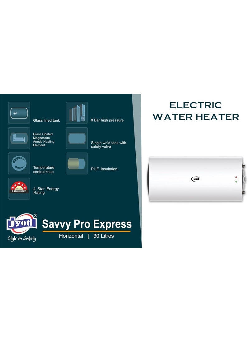 JYOTI Jyoti Savvy Pro Express Horizontal 25 Ltr Storage 5 Star Electric Geyser 3kw Capacity Glass Lined Tank 8 bar High Pressure Suitable for High Raise Building 30 Circular 1 SPEH30  - Image 3