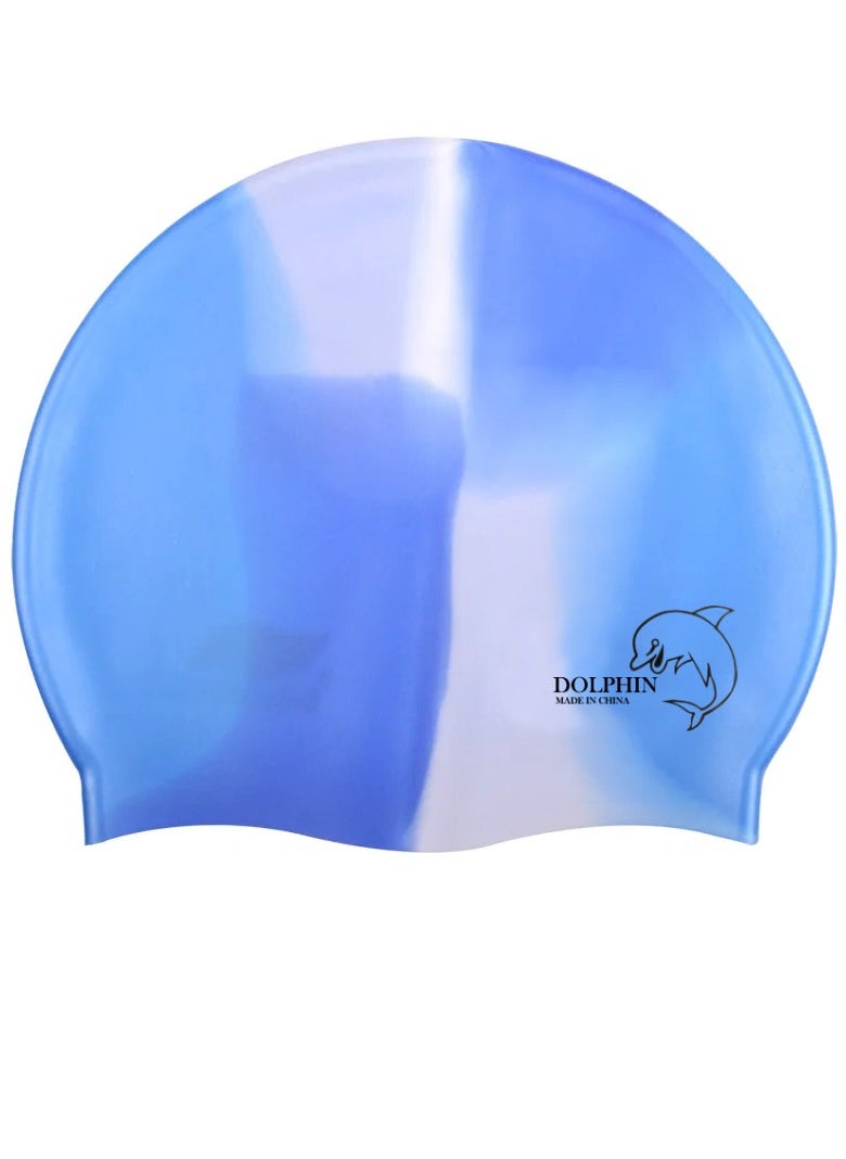Dolphin Silicone Swimming Cap Waterproof For Kids & Adults - MultiBlue/White  - Image 1