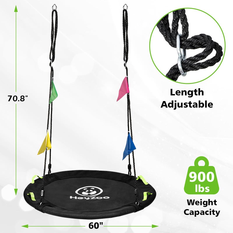 HeyZoo Tree Swing, 60 inch Larger Saucer Swing for Whole Family, 900lbs Weight Capacity, with Adjustable Hanging Straps, for Outdoor Backyard, Gifts for Kids, Black - Image 2