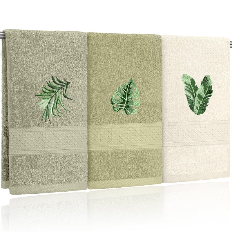 FuWeave 3 Pcs Sage Green Hand Towels Tropical Bathroom Decor Farmhouse Embroidered Sage Green Monstera Banana Palm Leaf Decorative Towels for Bathroom Kitchen, 100% Cotton, 13.4 x 29'' - Image 1