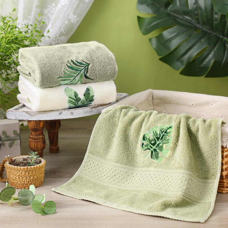 FuWeave 3 Pcs Sage Green Hand Towels Tropical Bathroom Decor Farmhouse Embroidered Sage Green Monstera Banana Palm Leaf Decorative Towels for Bathroom Kitchen, 100% Cotton, 13.4 x 29'' - Image 3