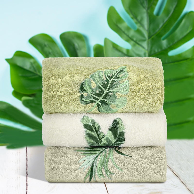 FuWeave 3 Pcs Sage Green Hand Towels Tropical Bathroom Decor Farmhouse Embroidered Sage Green Monstera Banana Palm Leaf Decorative Towels for Bathroom Kitchen, 100% Cotton, 13.4 x 29'' - Image 5