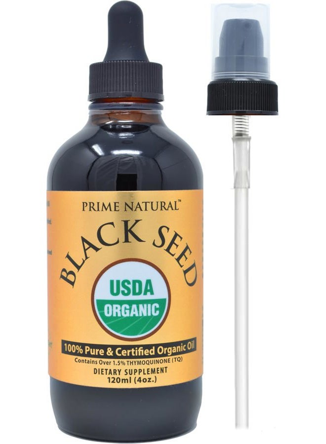 Prime Natural زيت الحبة السوداء العضوي الطبيعي 4 أونصات - معصور على البارد غير مكرر عالي الثيموكينون 1.7% معتمد من وزارة الزراعة الأمريكية - أصل تركي سائل نيجلا سativa قوي - نباتي أوميغا 3 6 9، مضاد للأكسدة - Image 1