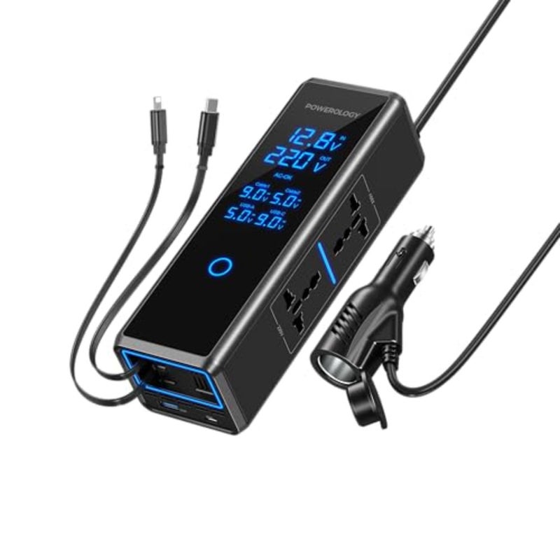 300W Car Power Inverter, DC 12V to 220V AC Car Inverter, Car Lighter Port, LED Screen Power Inverter, USB Type-C and A Ports Charger Adapter, Car Plug Converter with USB-C, Lightning Cable - Image 1