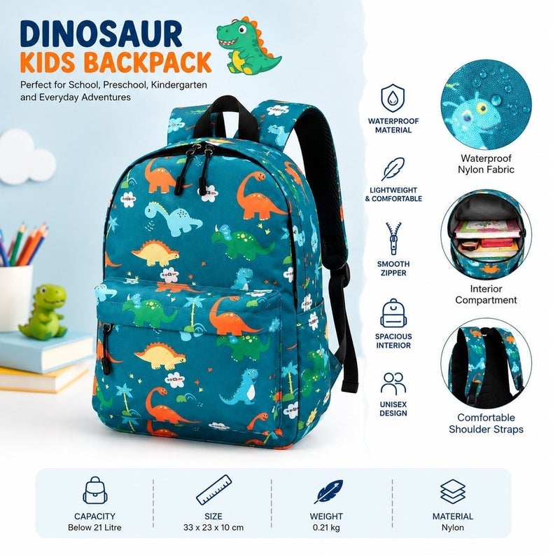 SamoDani Dinosaur Backpack for Kids Boys Girls, Lightweight Waterproof School Bag for Preschool Kindergarten, Cute Cartoon Dinosaur Bookbag with Zipper Compartment, Unisex Backpack for School & Daily Use - Image 2