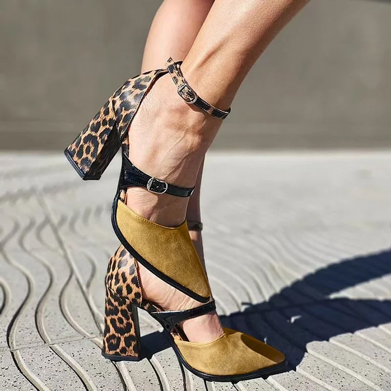Spring And Color-Blocked Leopard Print Fashion Shoes With One-Line Buckle High Thick Heel Large Size Shoes - Image 1