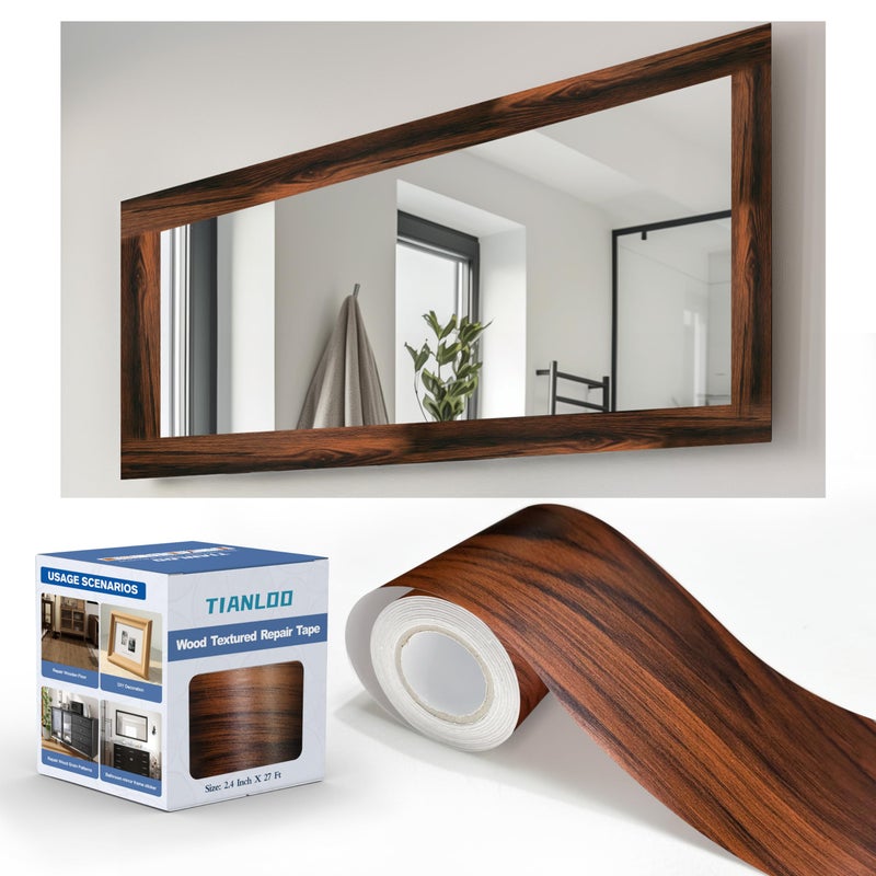 TIANLDD 27 FT Wood Grain Wallpaper Border, Removable Waterproof Mirror Border Peel and Stick,Bathroom Mirror Frame Border.(Dark Oak) - Image 1