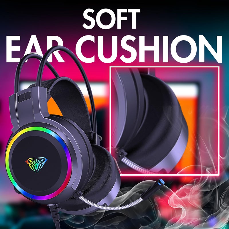 AULA S608 Wired Gaming Headset | RGB Lighting Effect with Stereo Sound | Black - Image 4