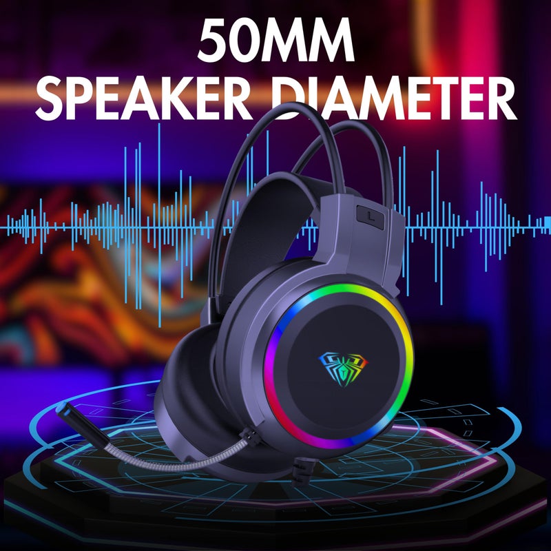 AULA S608 Wired Gaming Headset | RGB Lighting Effect with Stereo Sound | Black - Image 3