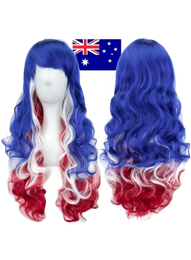 IMISSU Flag Color Design Hair Cosplay Wigs with Bangs Halloween Costume Wig (AU Flag Blue White Red) - Image 1