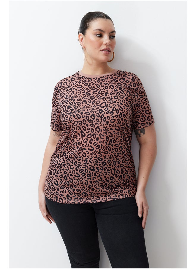 trendyol - Brown Animal Pattern Boyfriend Knitted T-shirt TBBSS24BF00046 - Image 1