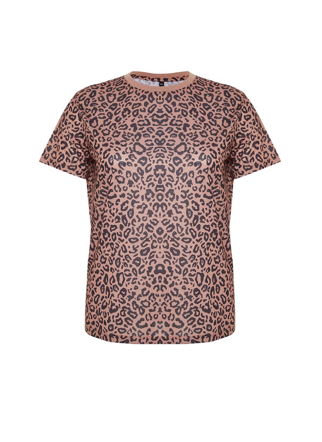 trendyol - Brown Animal Pattern Boyfriend Knitted T-shirt TBBSS24BF00046 - Image 1