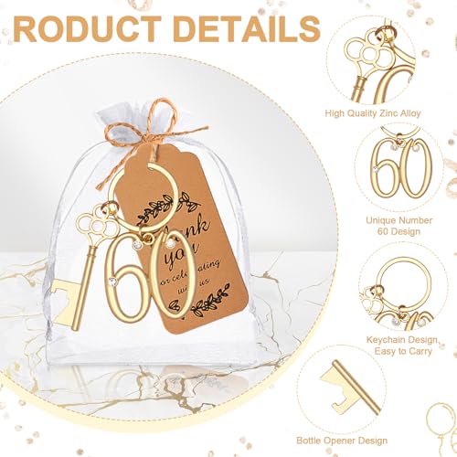 KBDHYY 24Pcs 60th Key Bottle Openers Keychain Bulk 60th Birthday Party Favors, 60th Gold Beer Key Chain Ring Bottle Opener 60 Wedding Anniversary Return Gifts Party Decorations or Souvenirs for Guests - Image 3