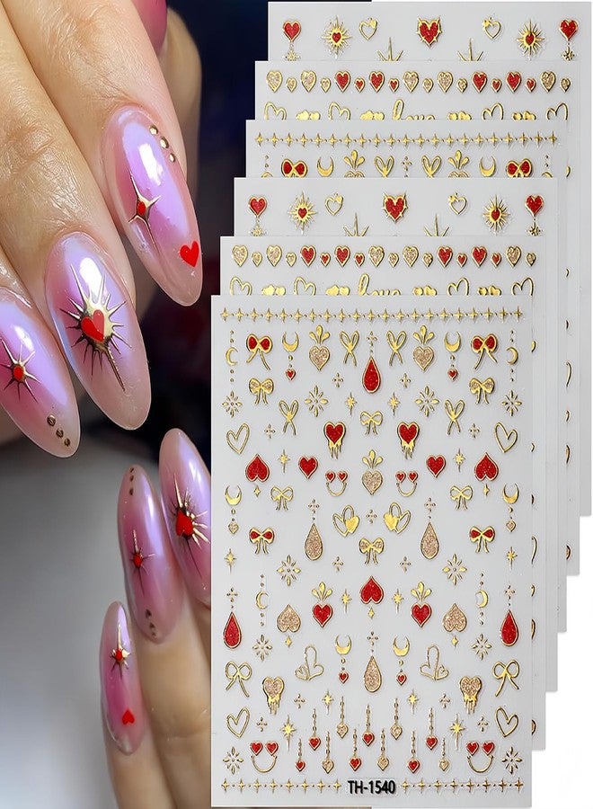 BYJKYEN Heart Star Nail Art Stickers Nail Decals 3D Self-Adhesive Gold Red Heart Star Nail Sticker DIY Manicure Glitter Hearts Stars Nail Design Nail Charms for DIY Women Girls Nail Art Decoration 6Sheets - Image 1