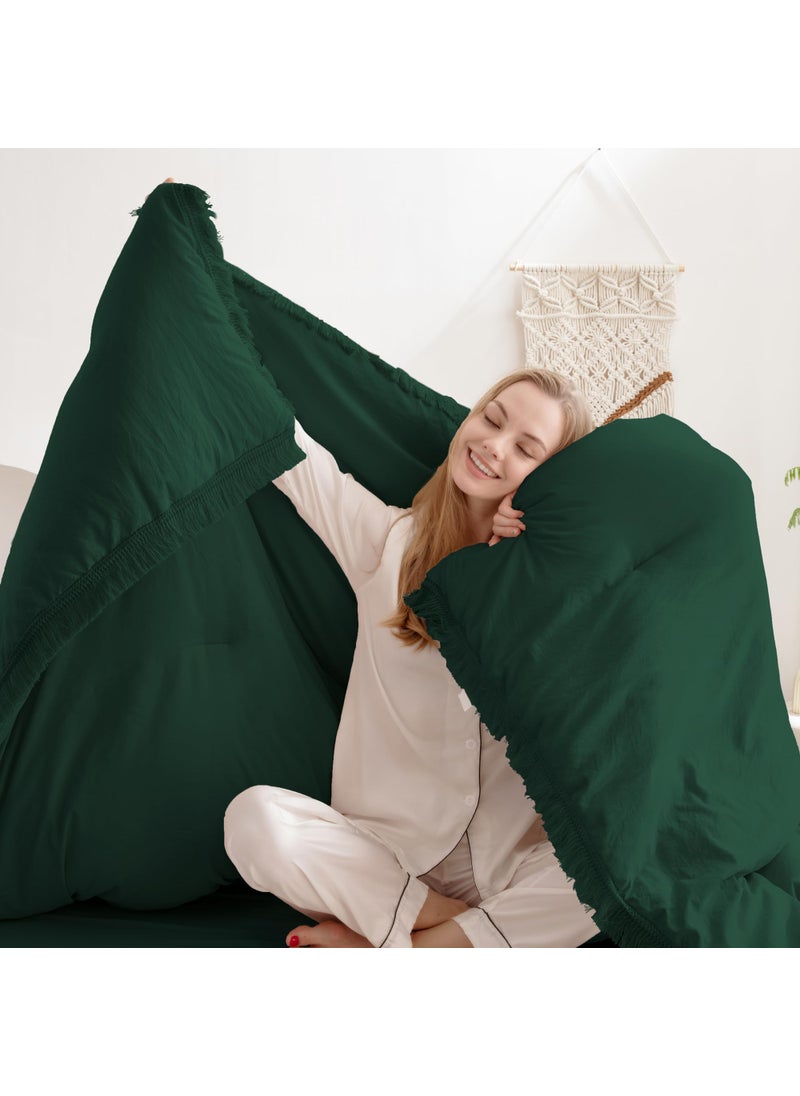 Andency Andency Dark Emerald Green Comforter Set Full  3 Pieces Boho Lightweight Forest Bedding Comforter Sets  All Season Fluffy Tassel Bed Set (79x90In Comforter & 2 Pillowcases)  - Image 3