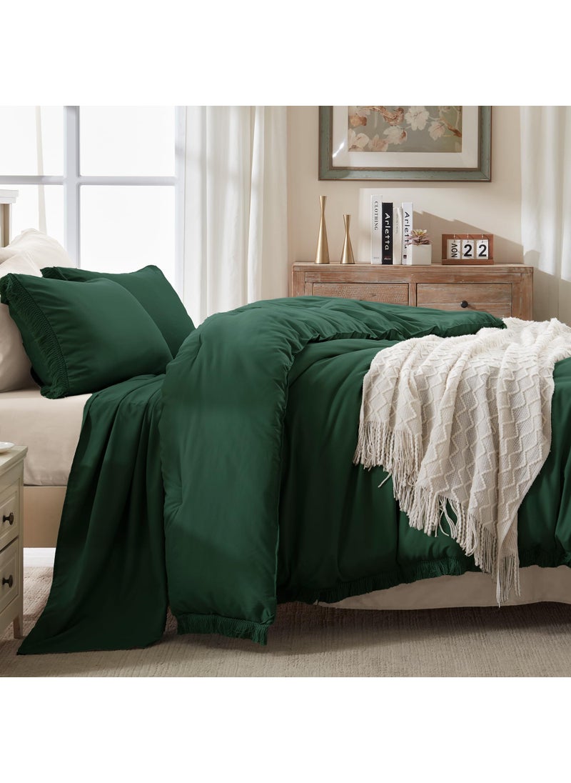 Andency Andency Dark Emerald Green Comforter Set Full  3 Pieces Boho Lightweight Forest Bedding Comforter Sets  All Season Fluffy Tassel Bed Set (79x90In Comforter & 2 Pillowcases)  - Image 2