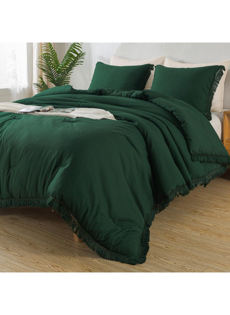 Andency Andency Dark Emerald Green Comforter Set Full  3 Pieces Boho Lightweight Forest Bedding Comforter Sets  All Season Fluffy Tassel Bed Set (79x90In Comforter & 2 Pillowcases)  - Image 1