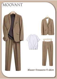 Moovant Men's Suits 3 Piece Set Business, Stylish Blazer and Pants Set with T-Shirt, Professional Workwear, Comfortable and Versatile Office Attire, Coffee Brown  - Image 1