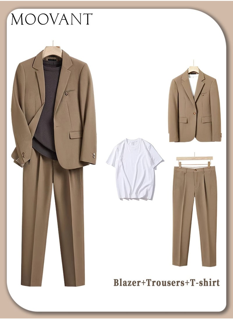 Moovant Men's Suits 3 Piece Set Business, Stylish Blazer and Pants Set with T-Shirt, Professional Workwear, Comfortable and Versatile Office Attire, Coffee Brown  - Image 1