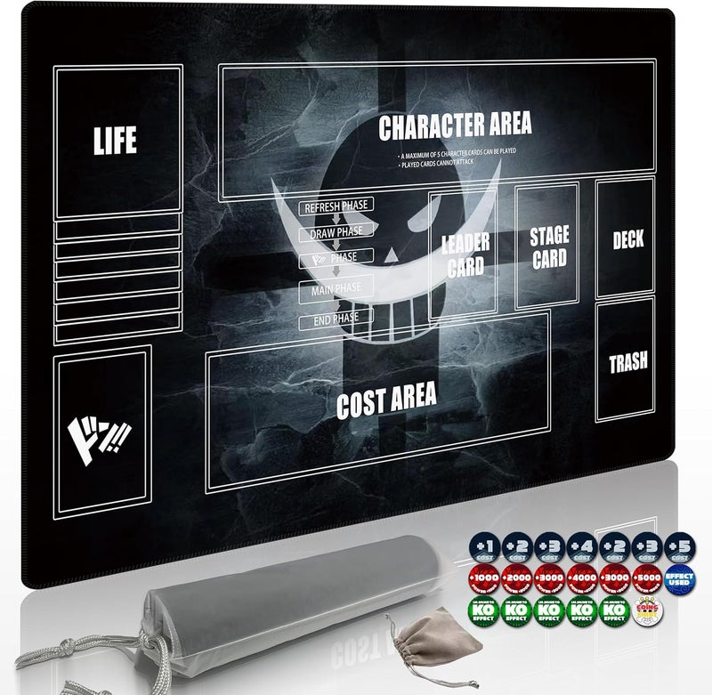 Extalas Playmat for One Piece Card Game (24x14 Inches): with Non-Slip Rubber, Zones Design, a Professional Storage Bag Included, Plus a Limited-Time Gift of a Set of 20 Damage Counters (Black2) - Image 1