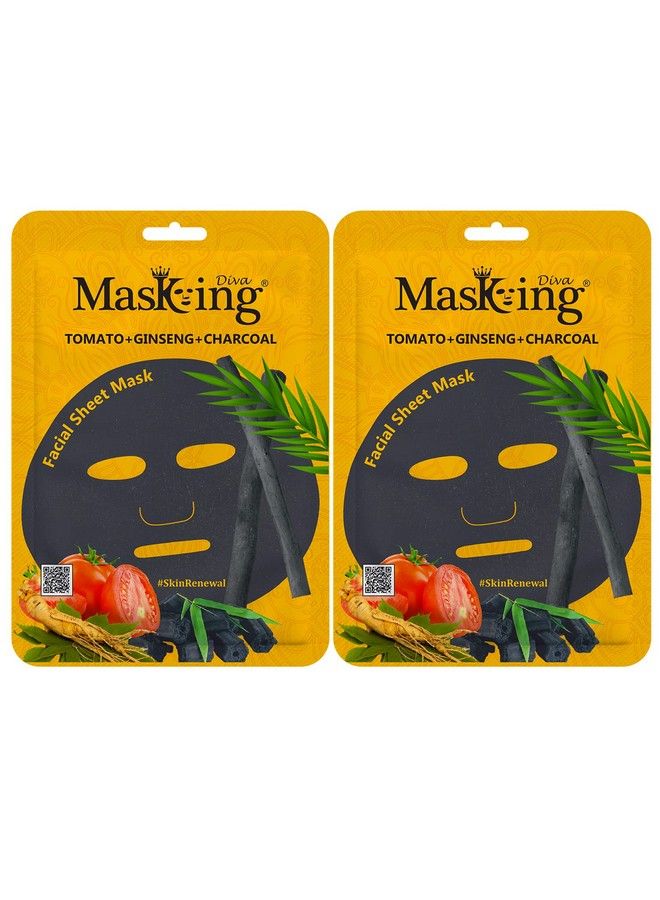 MASKING Charcoal Bamboo Facial Sheet Mask Skin Detox And Cleansing Tomato Ginseng & Charcoal Sheet Mask For Women Men 25Ml Each Pack Of 02  - Image 1