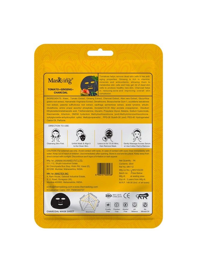 MASKING Charcoal Bamboo Facial Sheet Mask Skin Detox And Cleansing Tomato Ginseng & Charcoal Sheet Mask For Women Men 25Ml Each Pack Of 02  - Image 3
