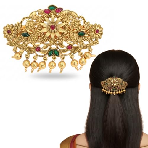 JWELLA Gold-Plated Antique Hair Clip with Pink & Green Stones & Drops Bridal & Festive Accessory (Design 7) - Image 1
